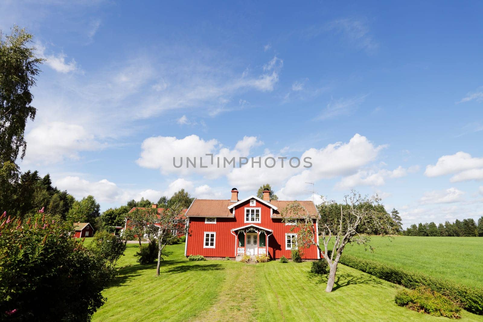 old red cottages, 16th century, typical scenery from sweden