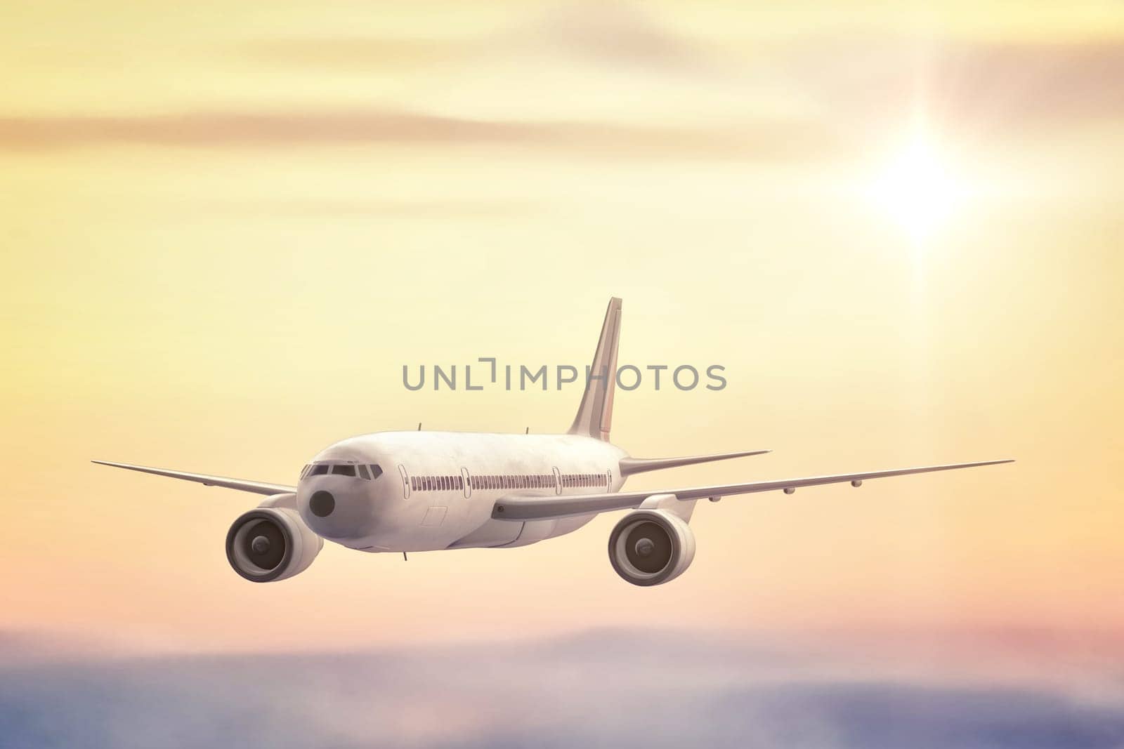 A commercial Jet flying high above the clouds into the sunset.