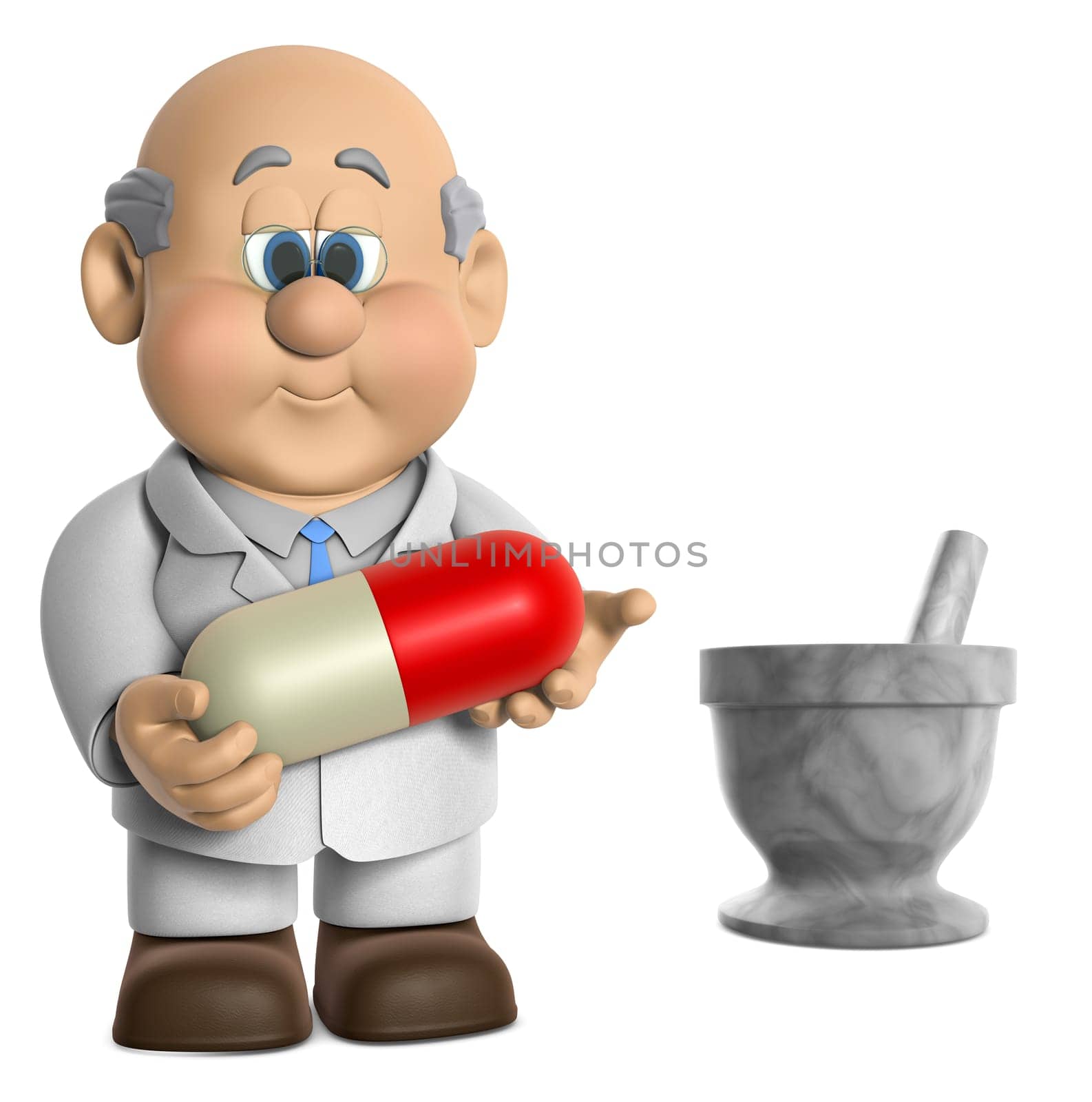 A 3D illustrations of "Wilfred"" Holding A Hypodermic Needle on a white background"