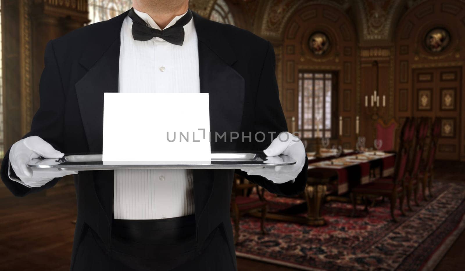 Butler in tuxedo tails holding a tray with an invitation on it in a grand, Boroque dining room