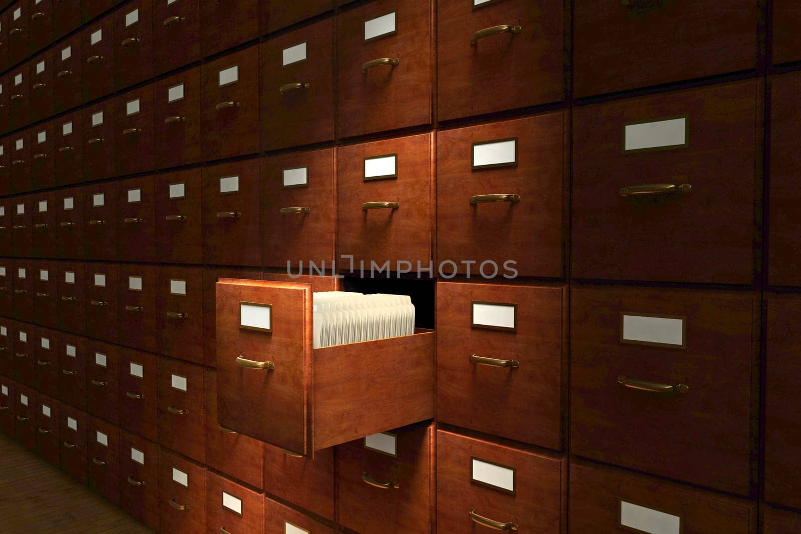 Open file drawer in a dark room filled with file cabinets