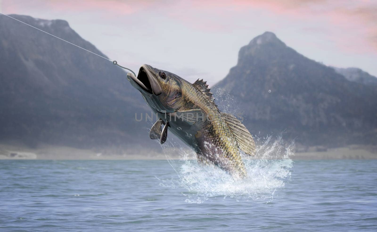 Rendering of a largemouth bass jumping out of the water