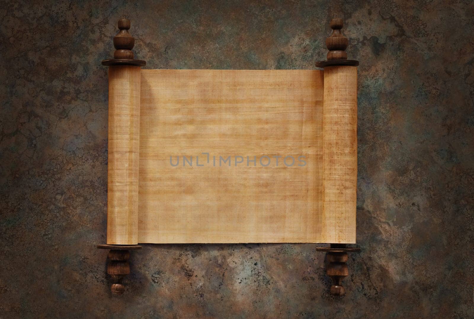 Ancient parchment scrolls with blank papyrus opened on a stone background with clipping path