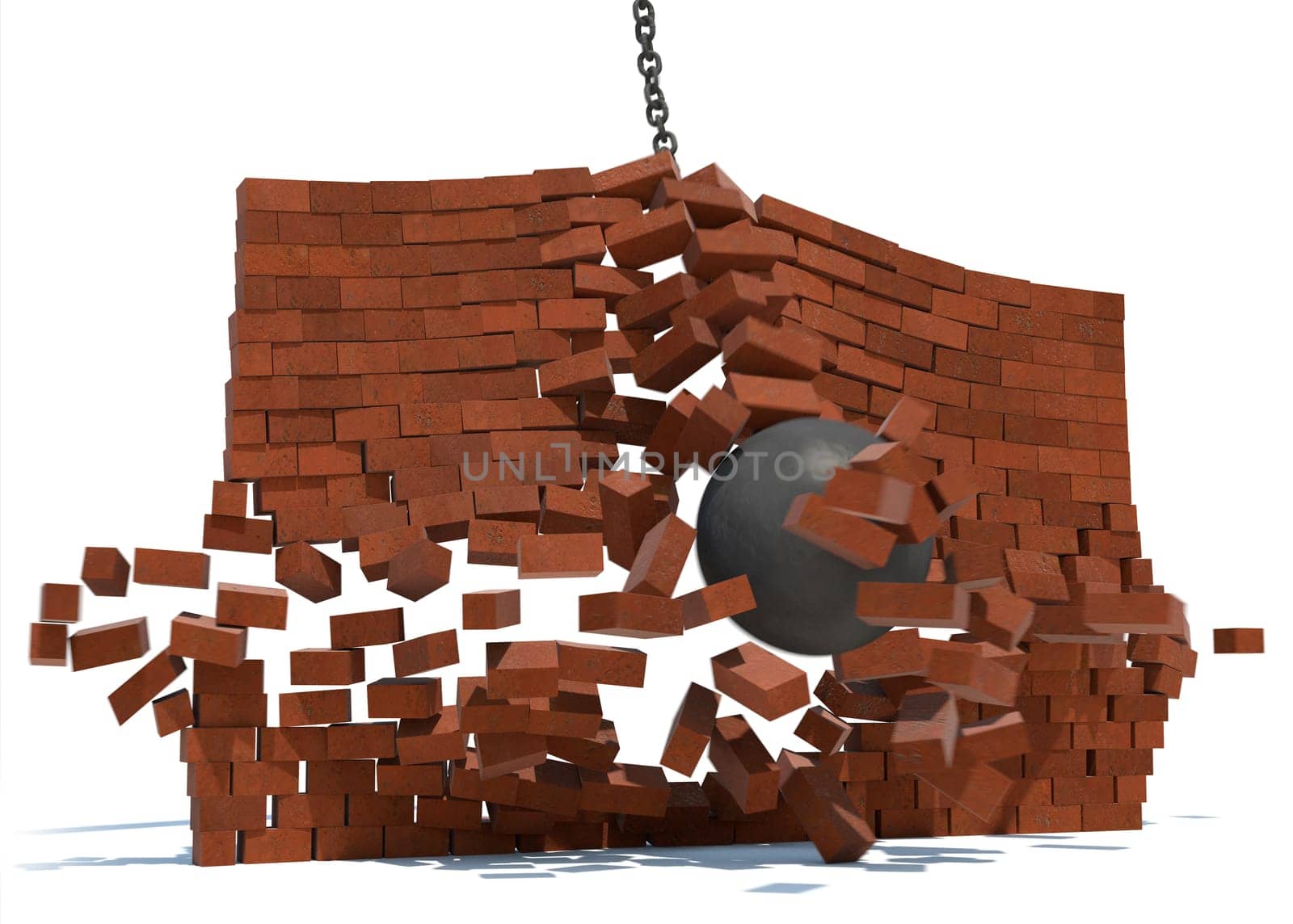 A wrecking ball destroying a brick wall on a white background.