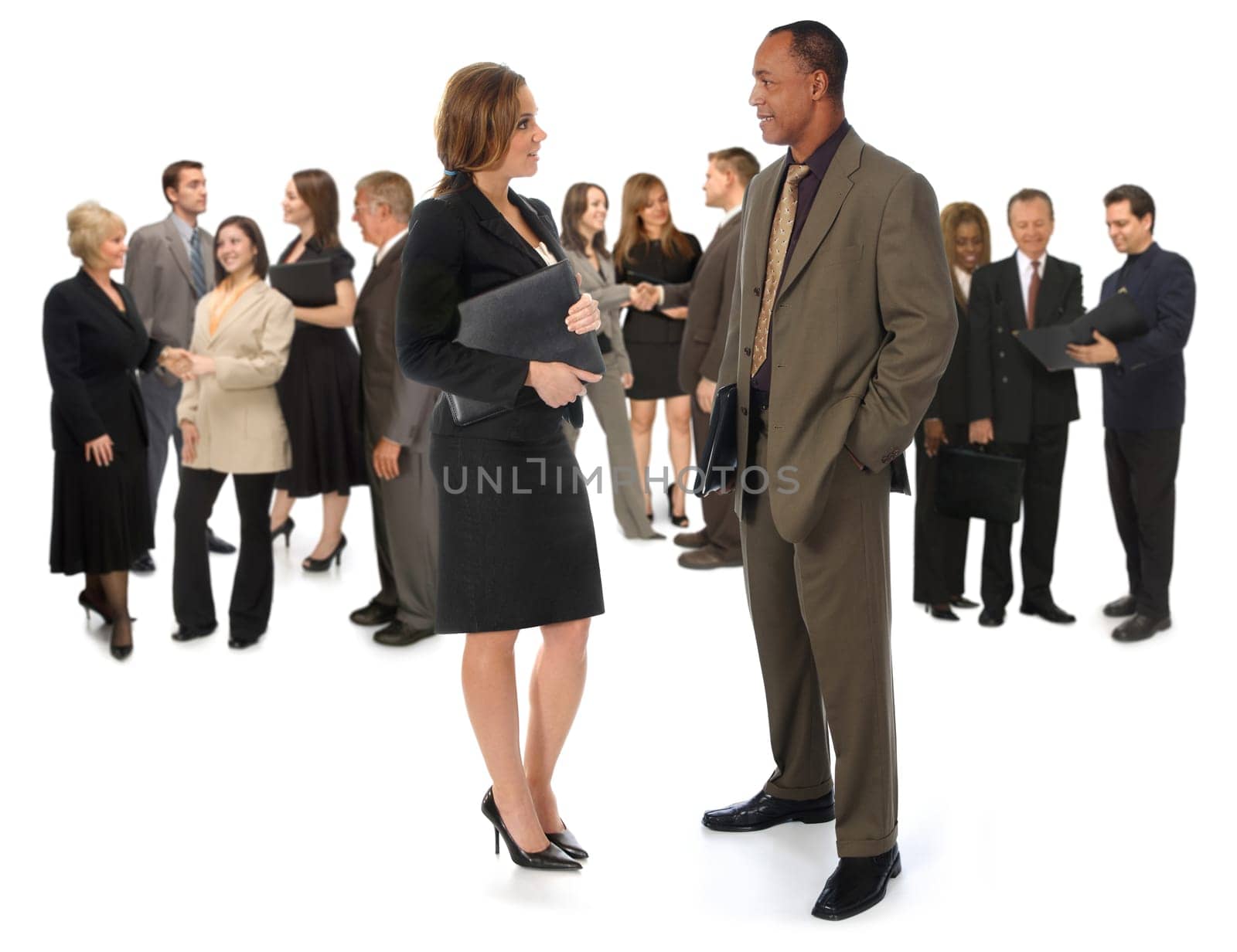 Group of corporate business people networking on a white background