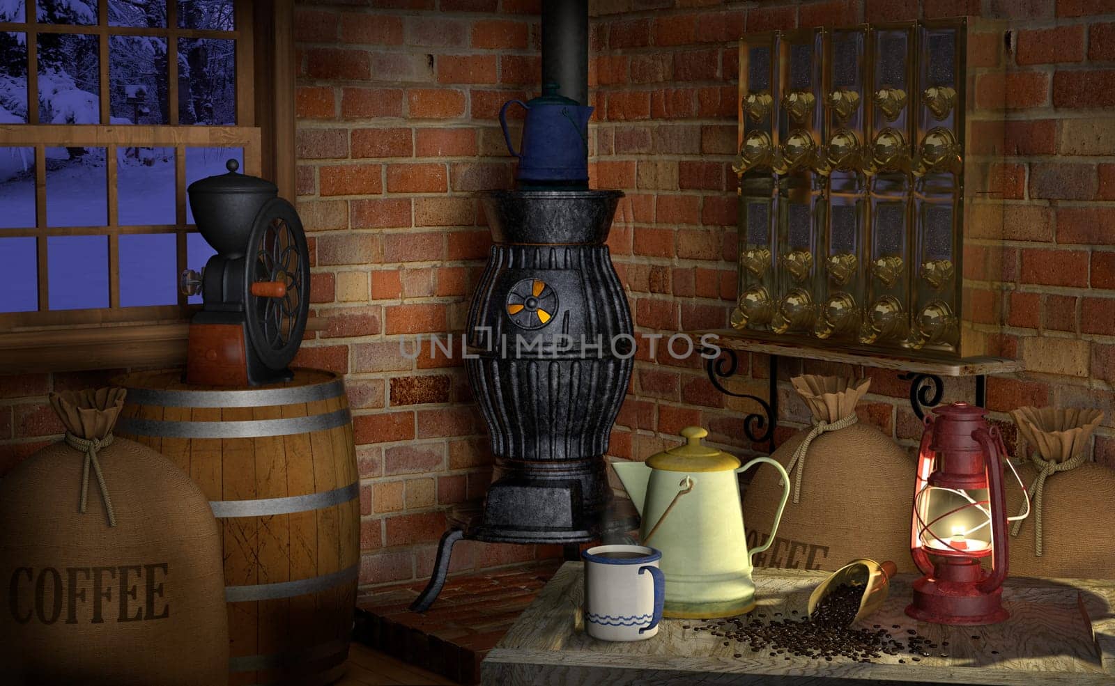 Interior of a coffee shop or factory showing coffee paraphernalia including  a coffee grinder, coffee beans, pot belly stove, coffee scoop, coffee beans, burlap bags, a wooden barrel, coffee pot, coffee silos