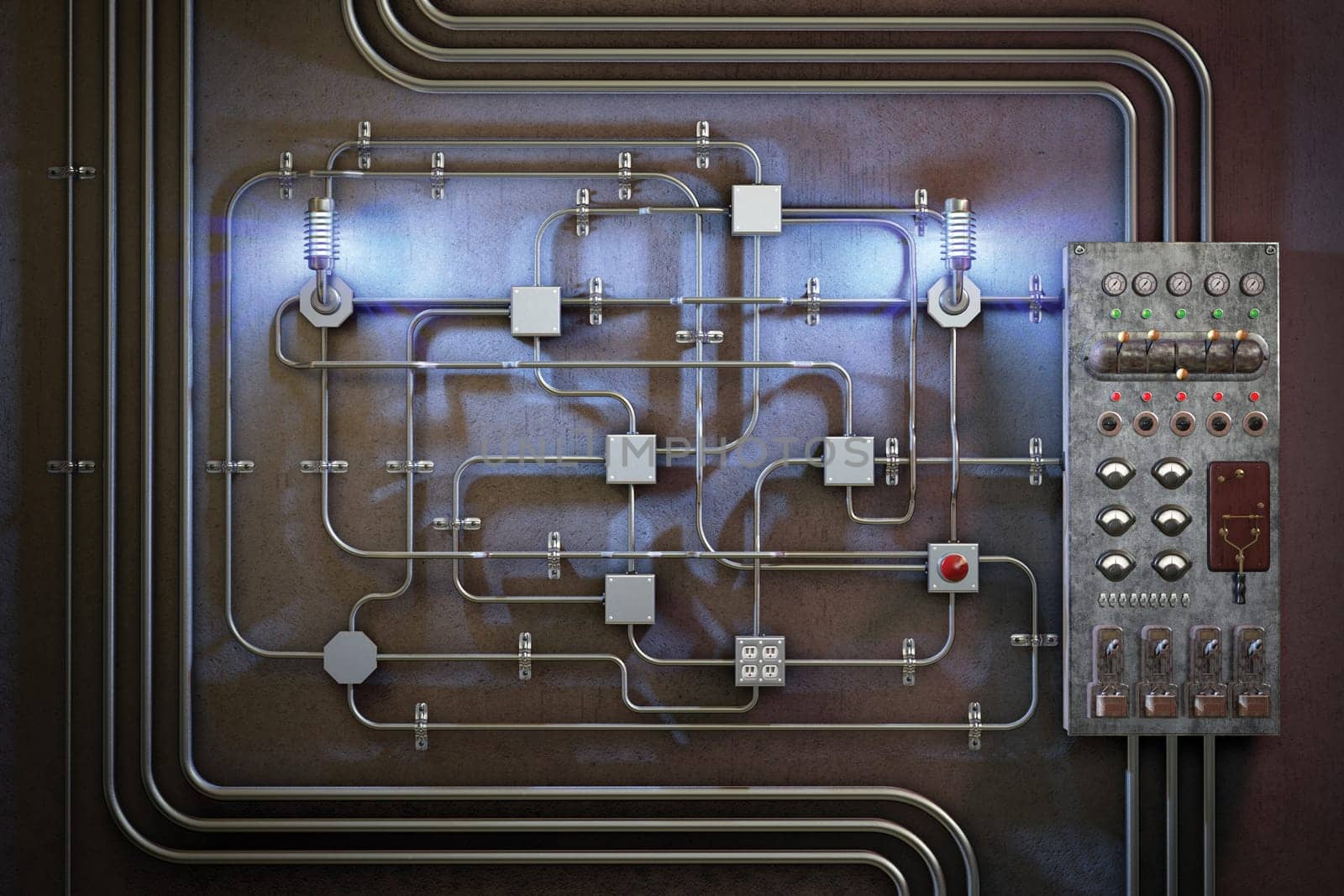 Industrial electrical conduit running along a concrete wall next to an electrical control panel