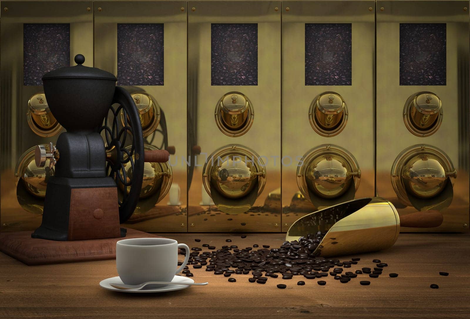 Coffee still life with a coffee cup and a brass coffee scoop with spilled coffee beans on a wood table next to an antique coffee grinder with brass coffee silos in the background
