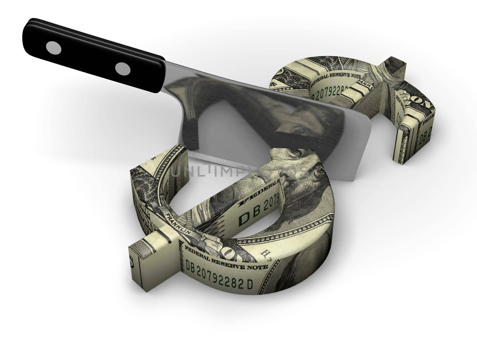 Meat cleaver cutting a dollar sign in half on a white background