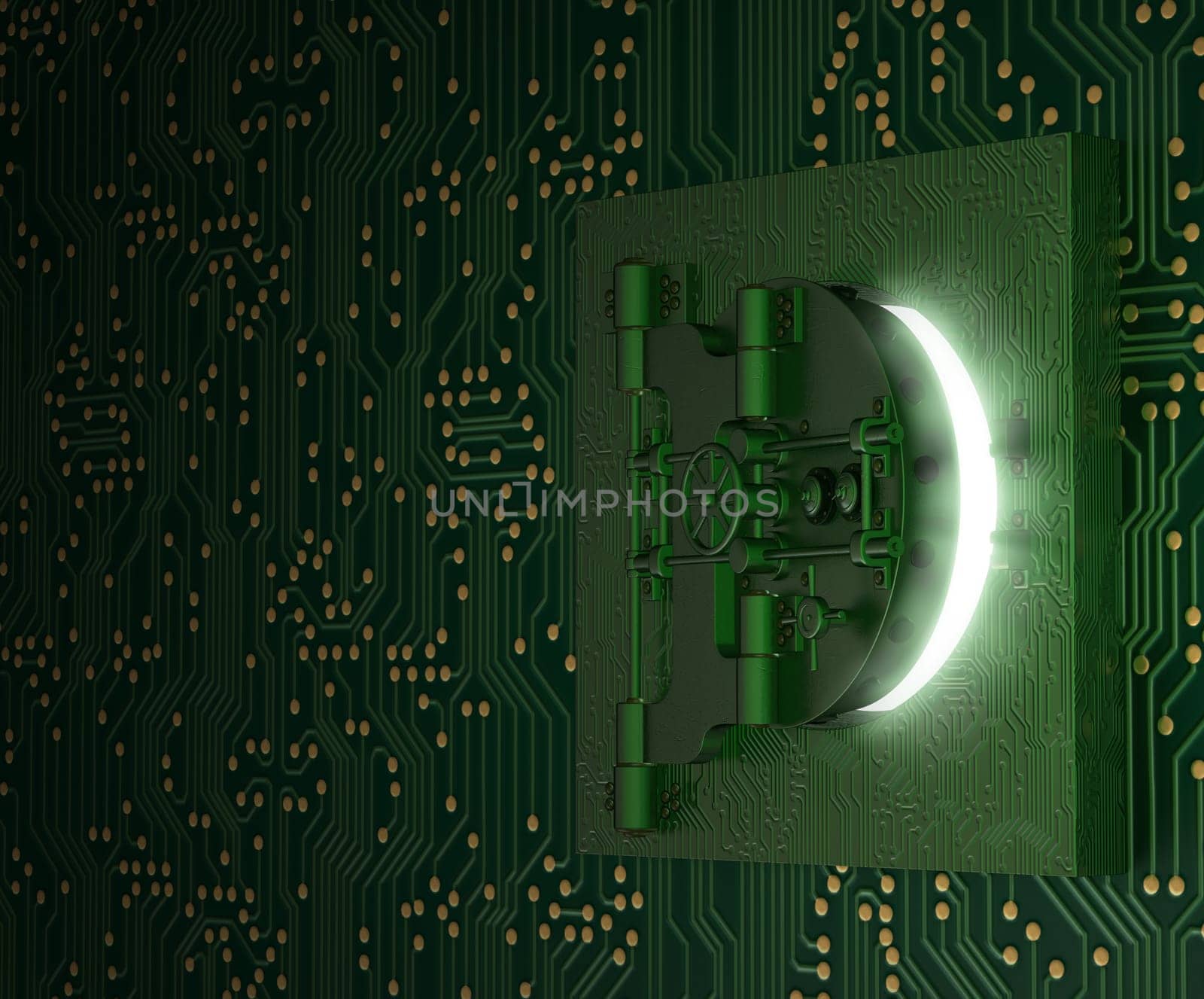 Circuit board with a bank vault door on it tht is slightly ajar
