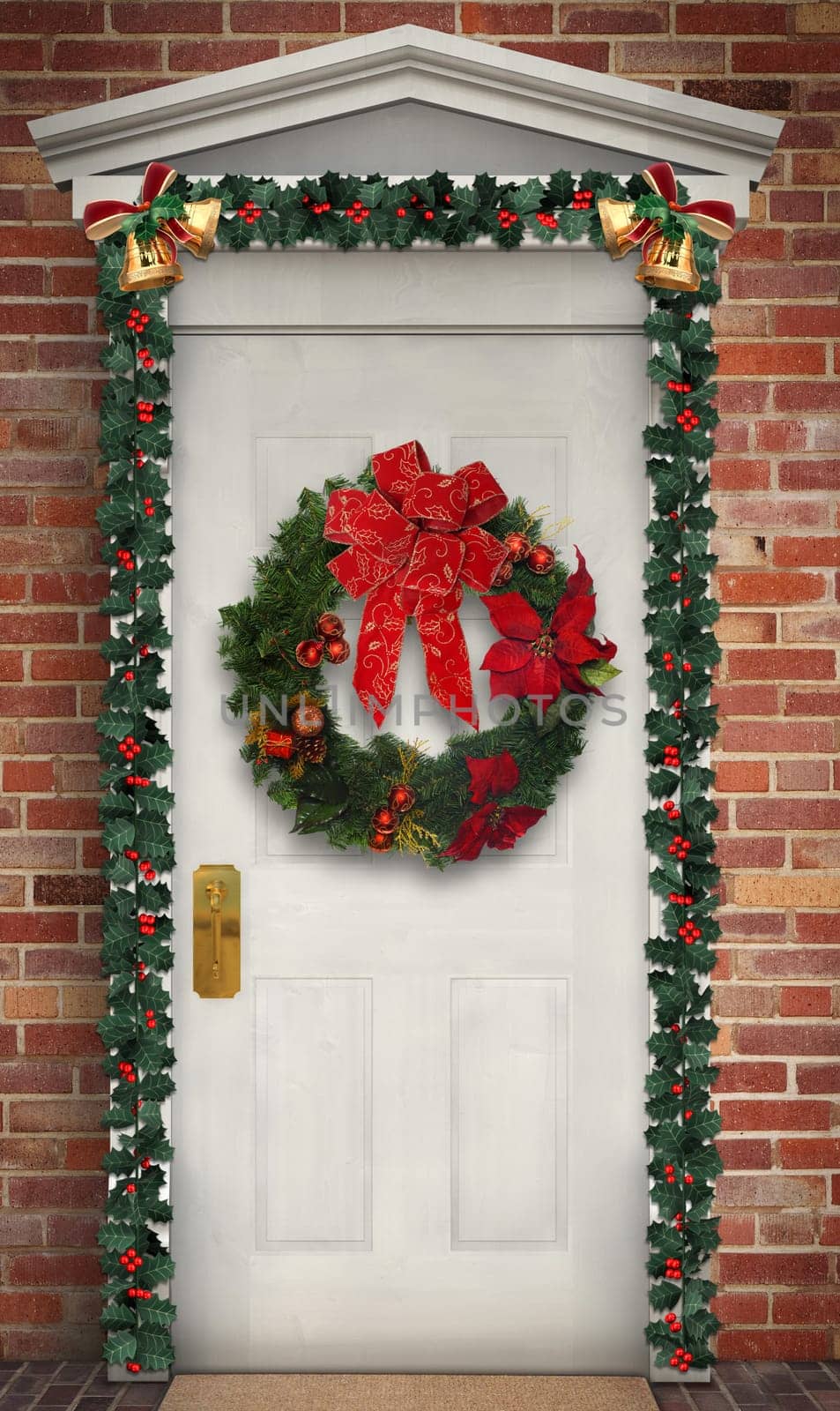 Christmas wreath hanging on a traditional wooden door decorated with a holly garland