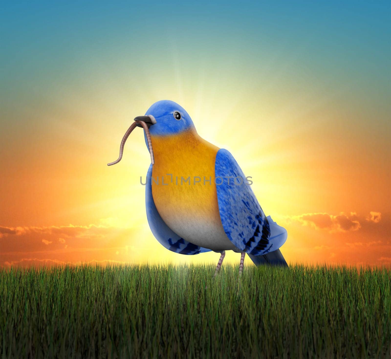 Bluebird standing in green grass, catching tha worm as the sun rises behind him