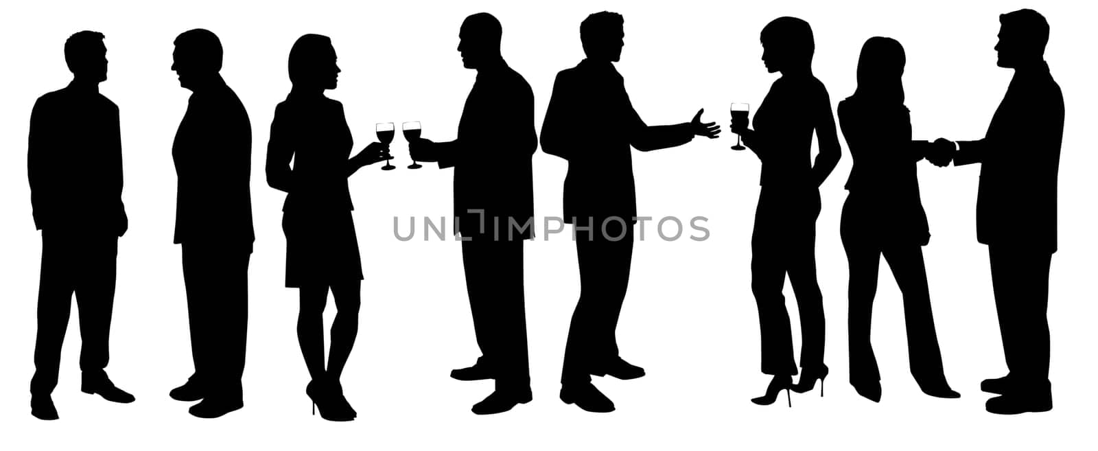 Silhouettes of men and women holding drinks at cocktail party on white background