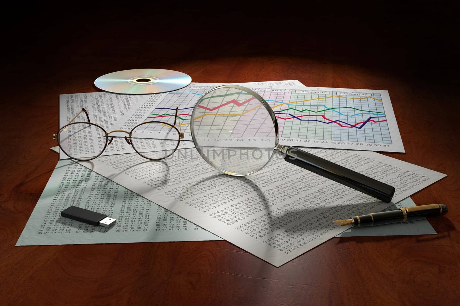 Data sheets with a line graph on a desktop with CD, glasses, magnifying glass, pen and thumb drive
