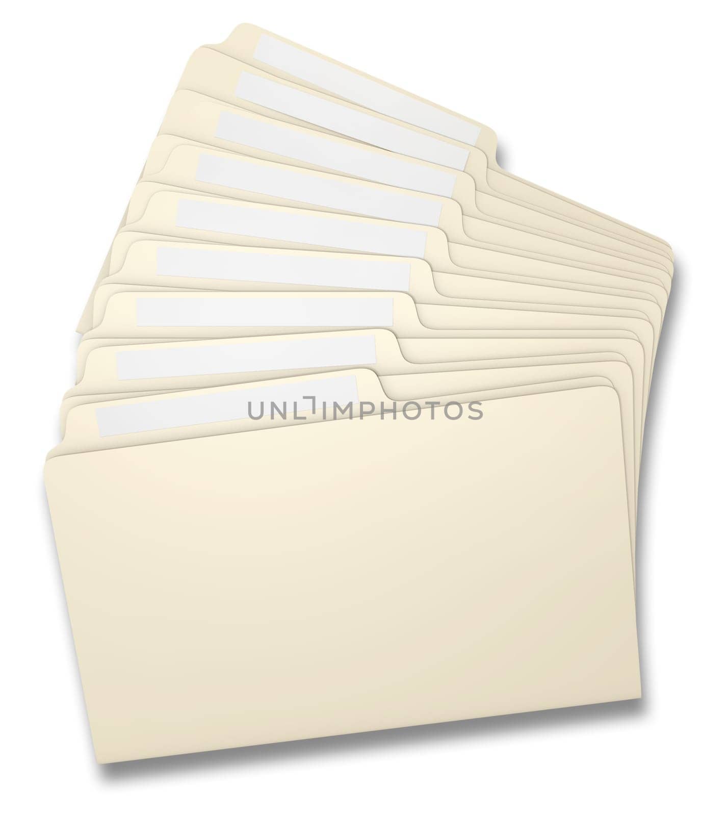 Eight manila file folders fanned on a white background