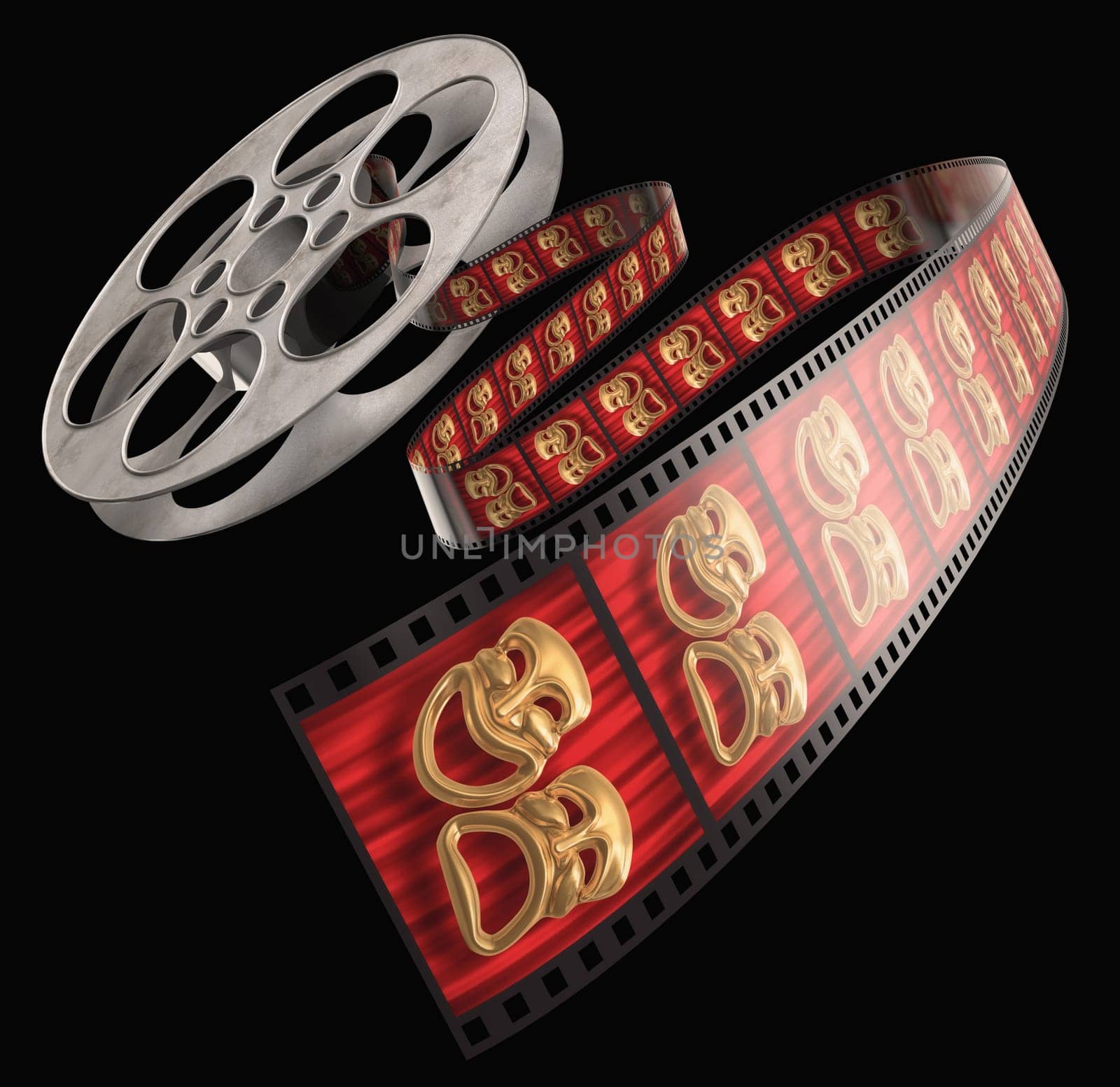 Movie film reel isolated on a white background with comedy/tragedy masks on the celluloid