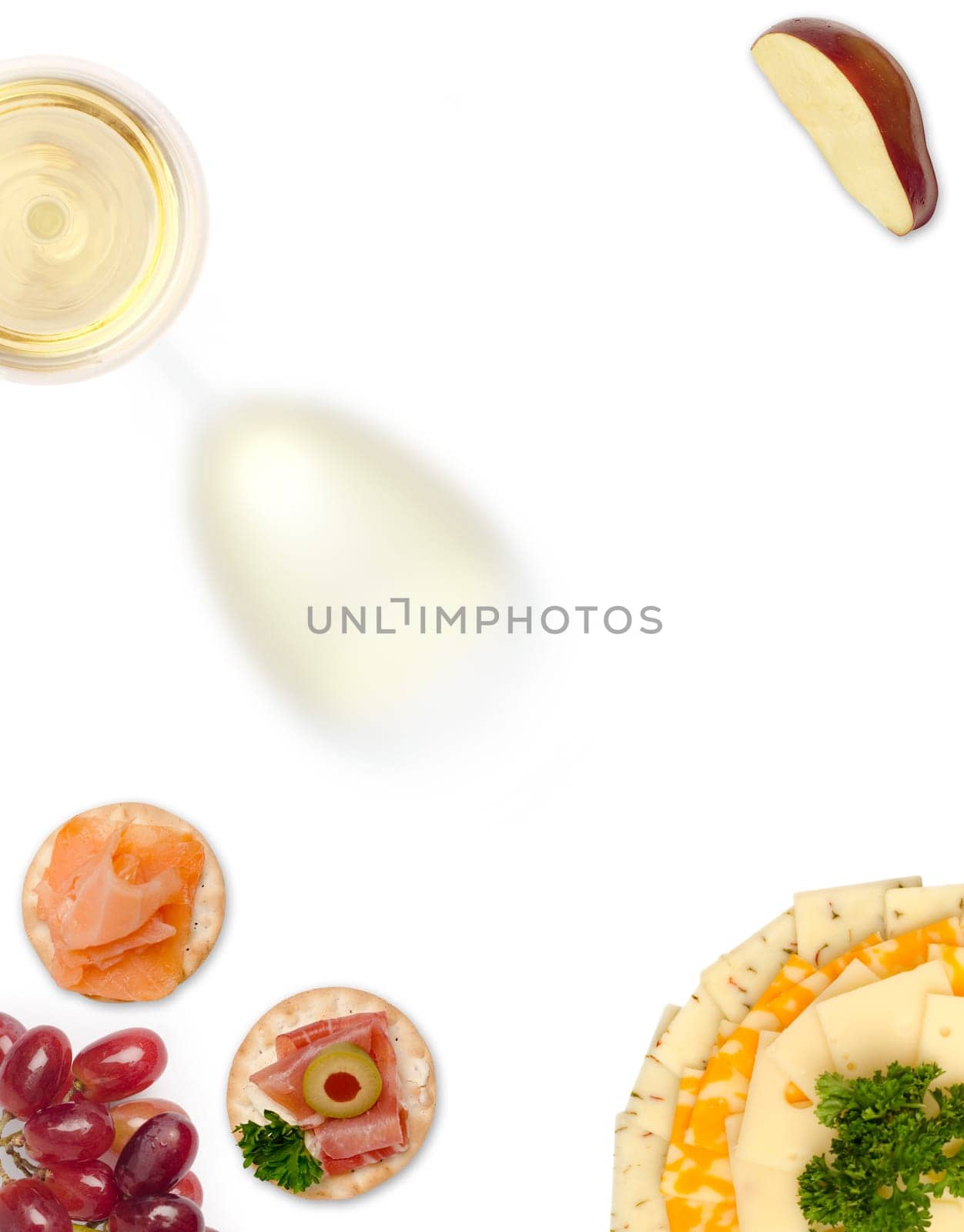 top view of wine, cheese and hors d'oeuvre distributed on a white page to be arranged as a flier with copy space