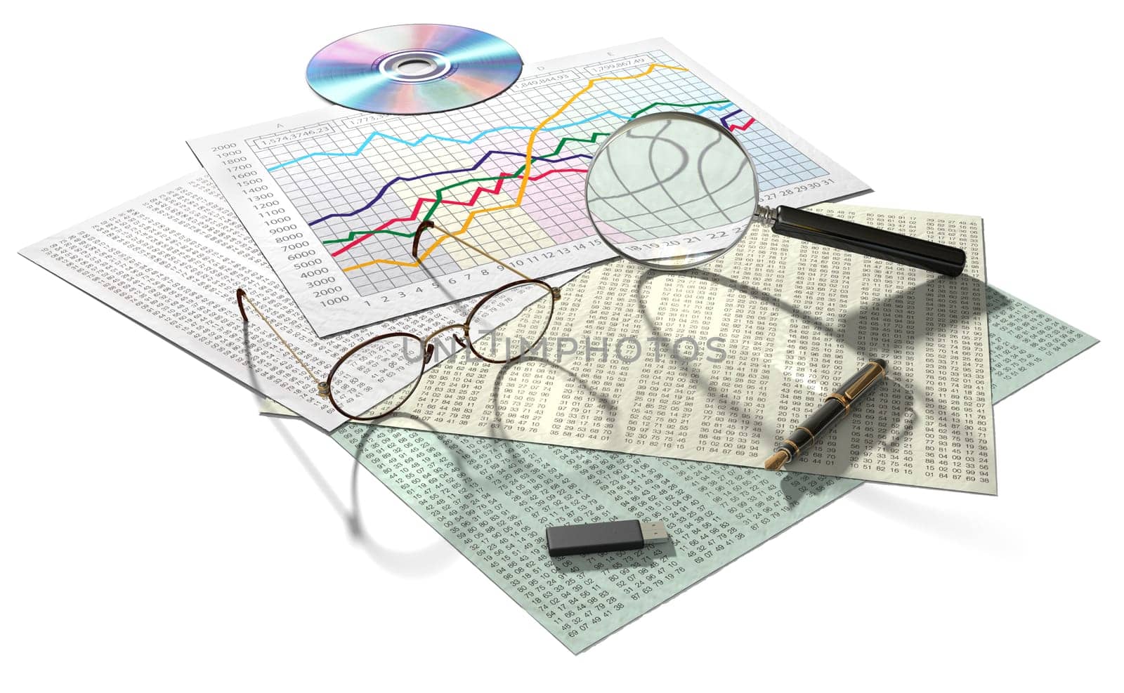 Statistical documents on a white surface with CD, thumb drive, magnifying glass, glasses and fountain pen