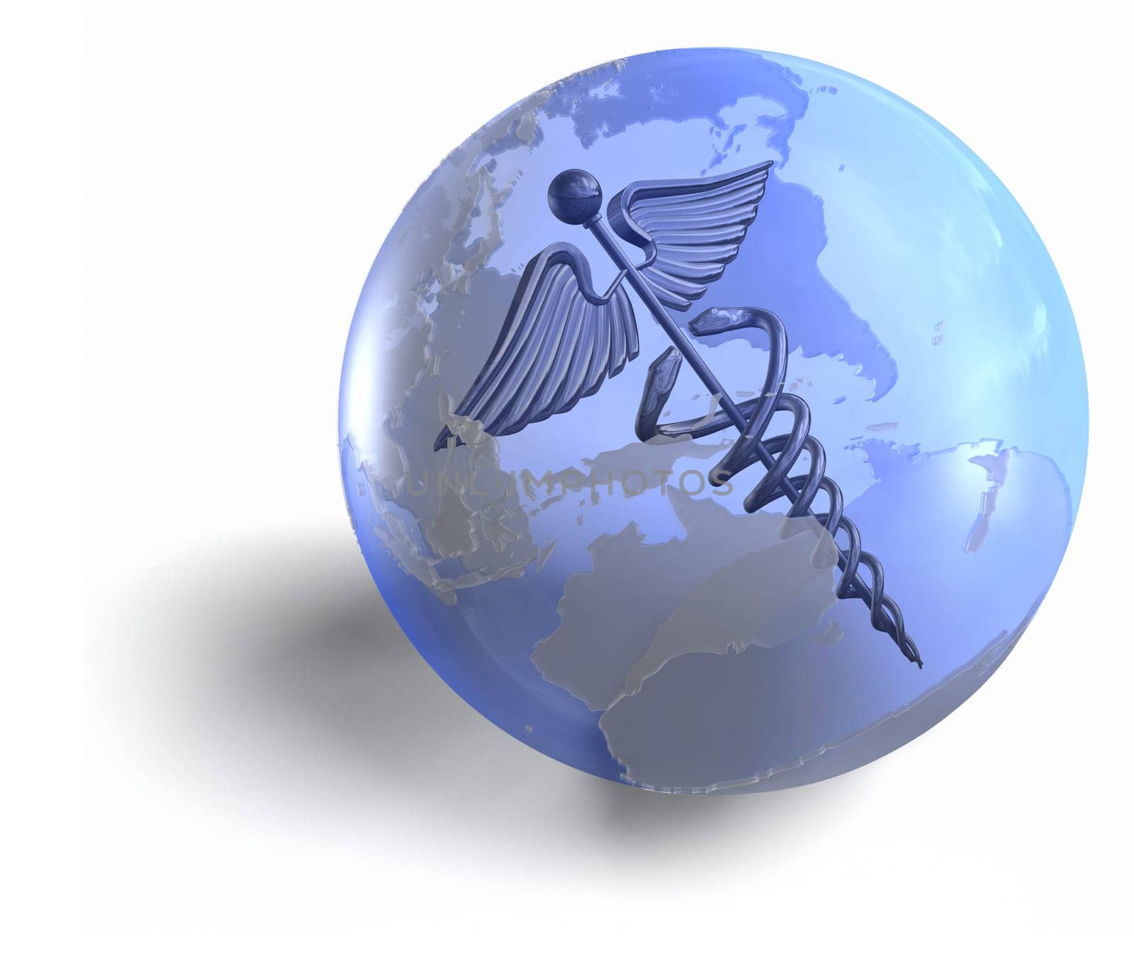 Transparent earth globe with a medical caduceus inside of it