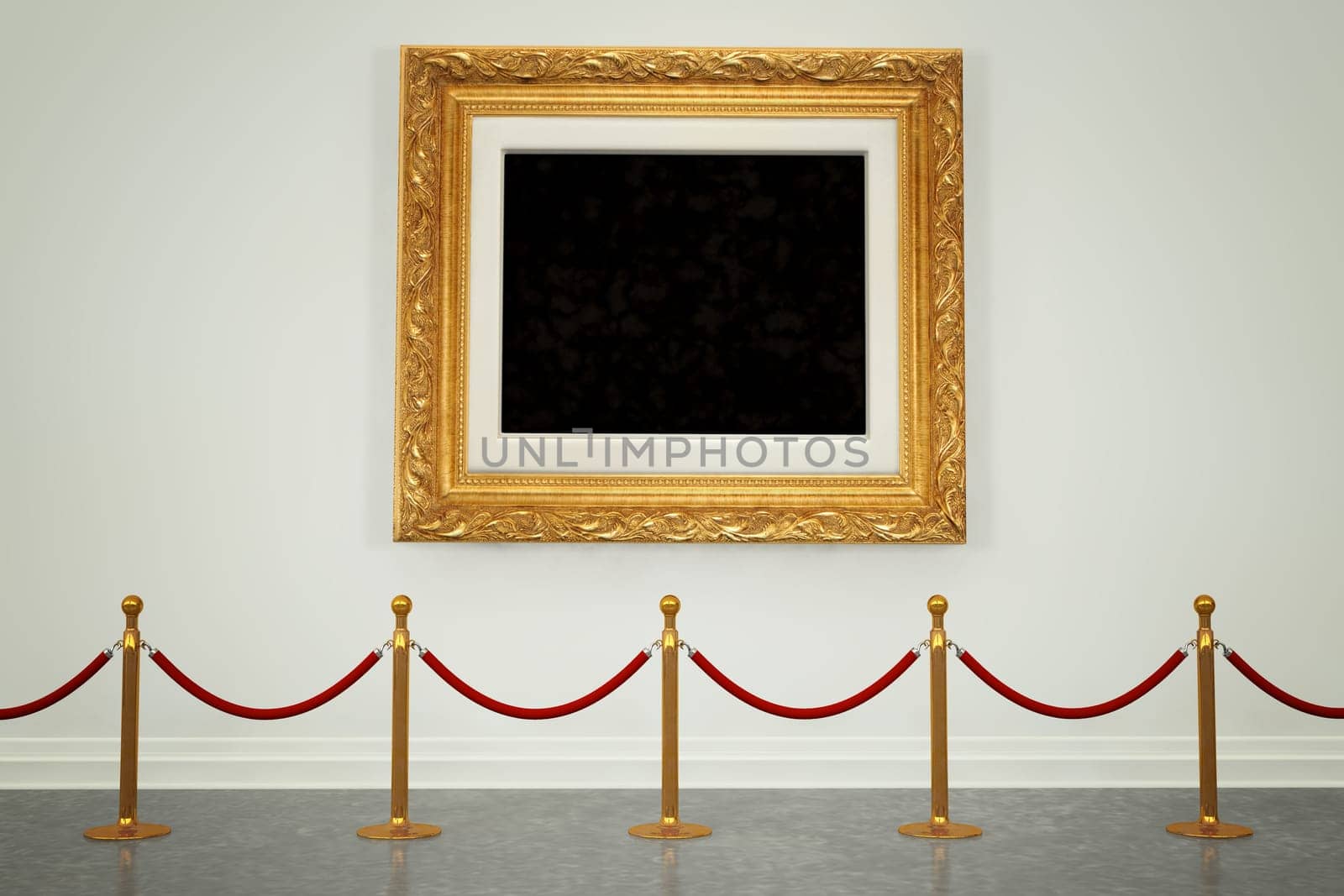 Art museum gallery with blank painting frame hanging on the wall