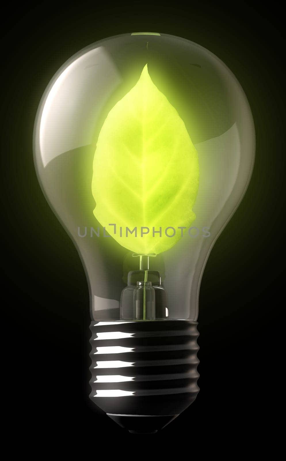 A standard lightbulb with a  lit green leaf on the inside.