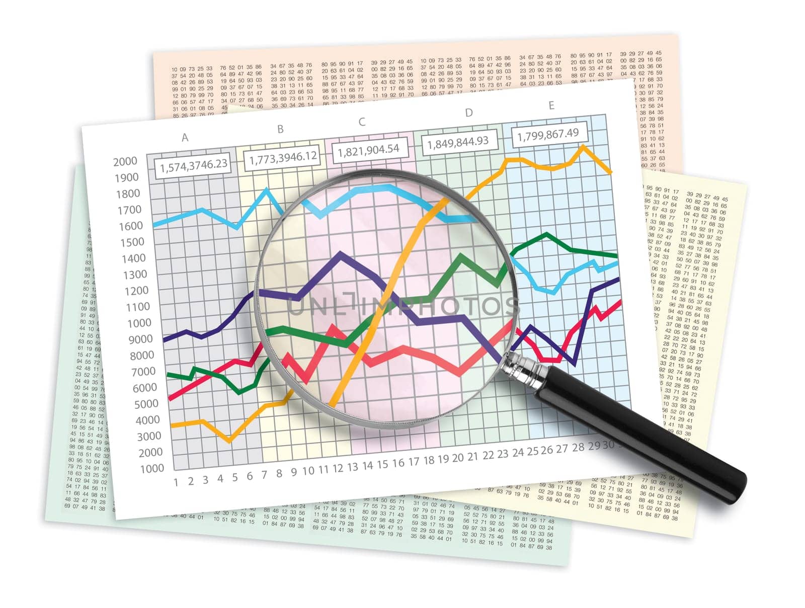 Magnifying glass over a line graph chart