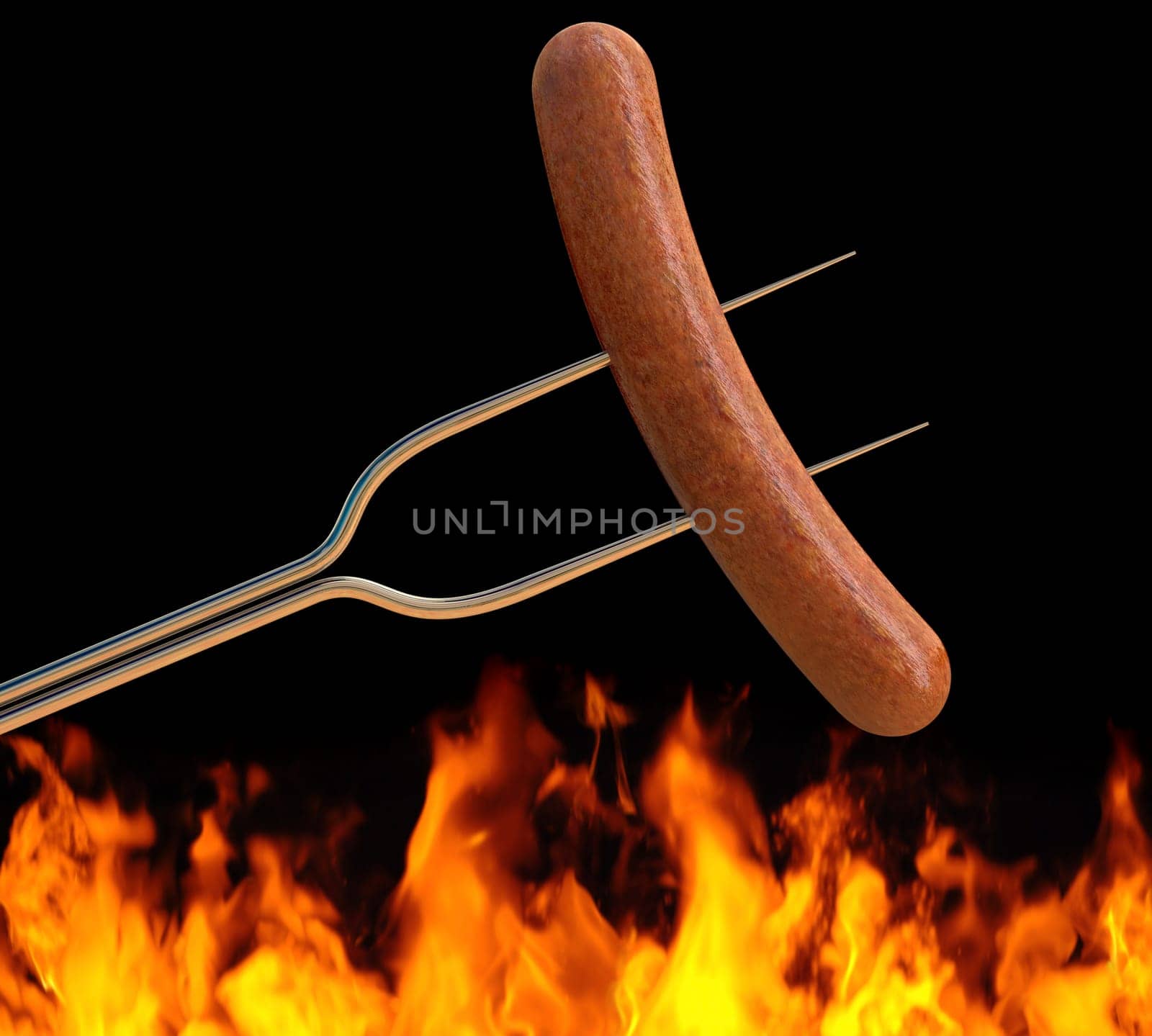 hot dog on a long fork over a fire