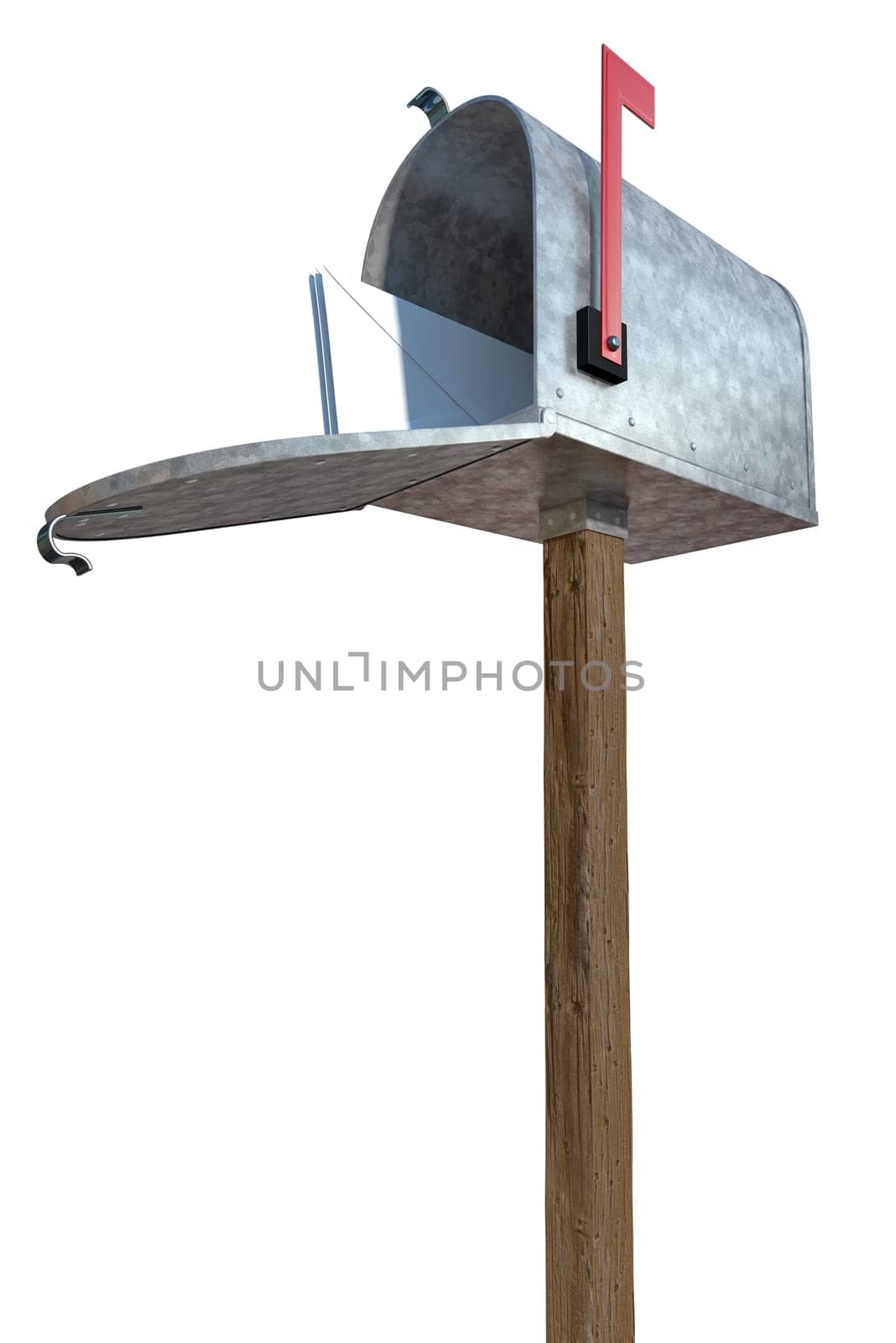 A standard galvanized mailbox on post, with mail and flag up over white.