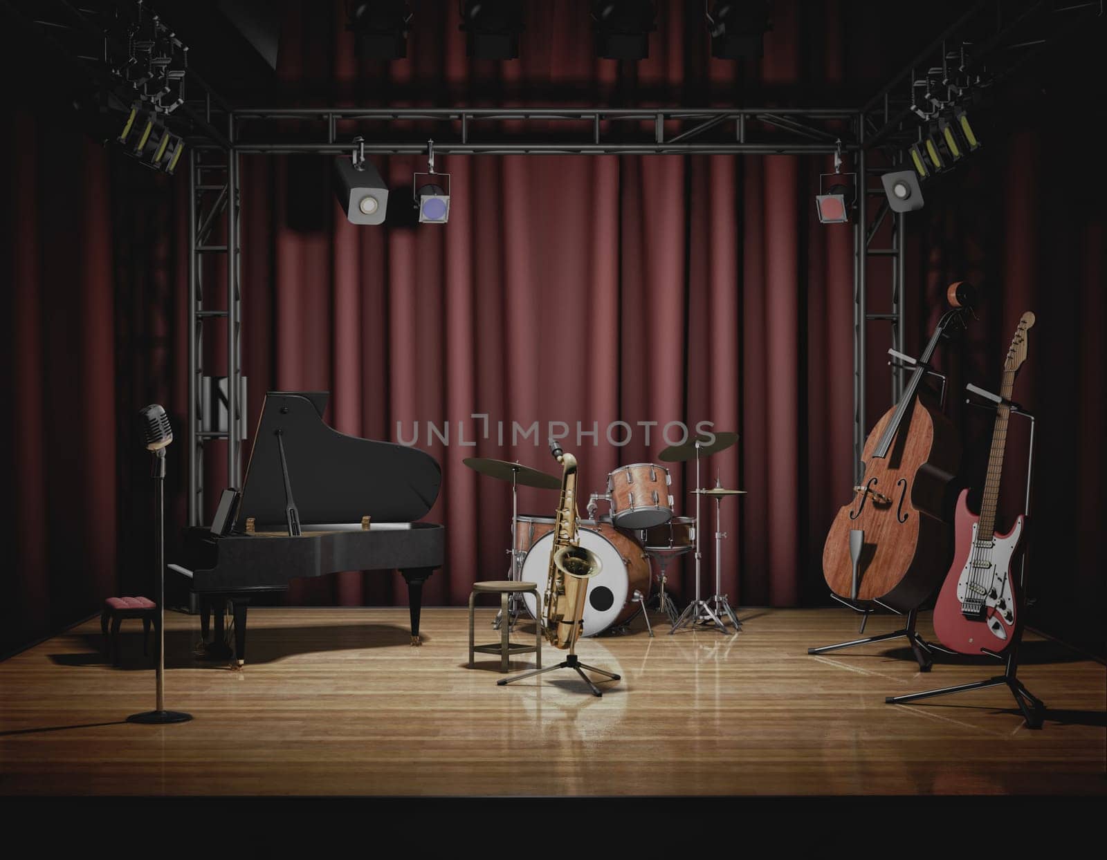 Stock Photo of musical instruments set up on stage for jazz music.
