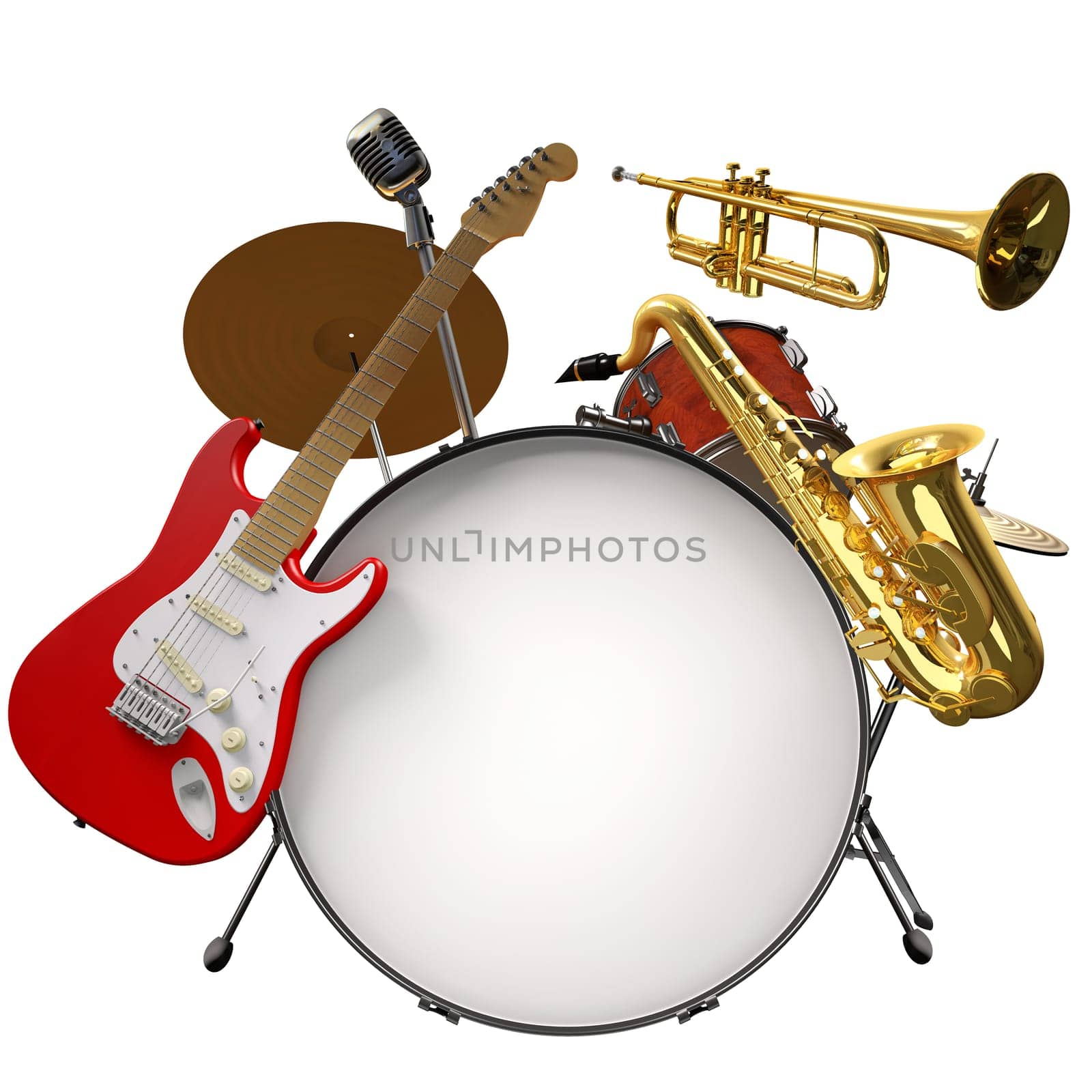 Jazz montage consisting of a drum kit, electic guitare, microphone, saxophone and trumpet on a white background