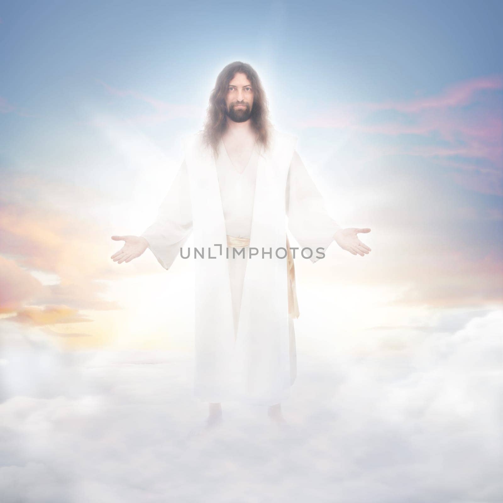 Jesus resurrected in heavenly clouds bathed in luminous light