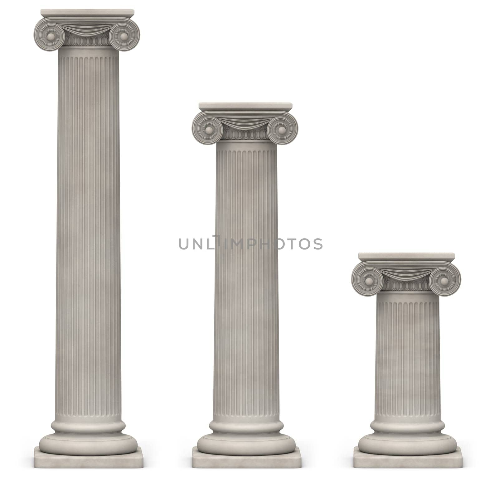 Three Ionic, stone columns of varying heights on a white background