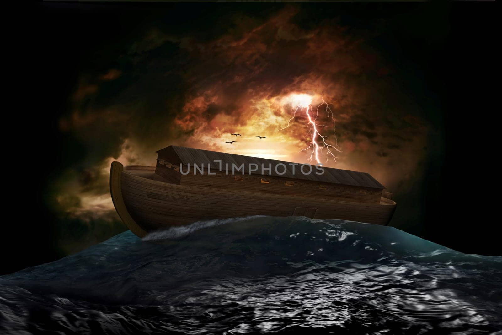 Noah's Ark riding on a swell after the Great Flood