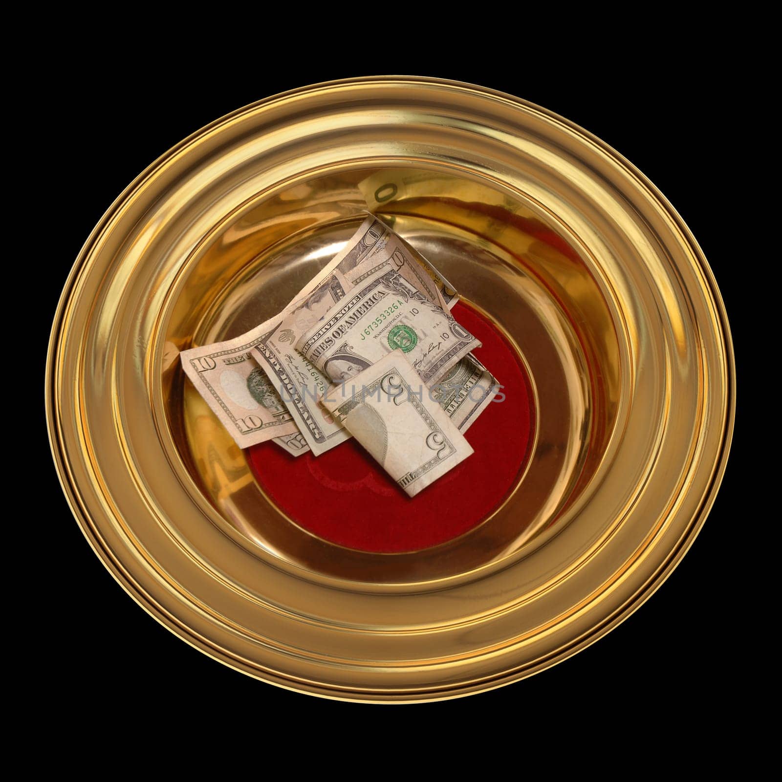 Church offering plate with some currency in it