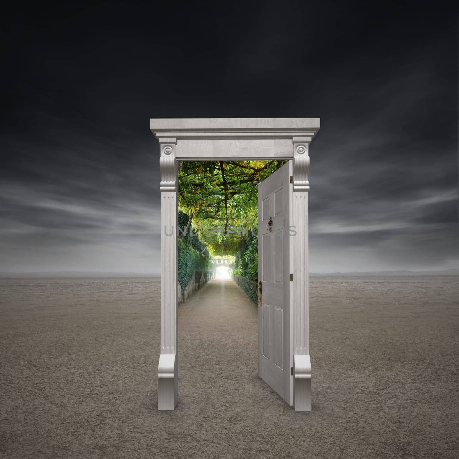 Portal into another dimension represented by a doorway in the middle of a barren wasteland opening into a garden path with a light at the end