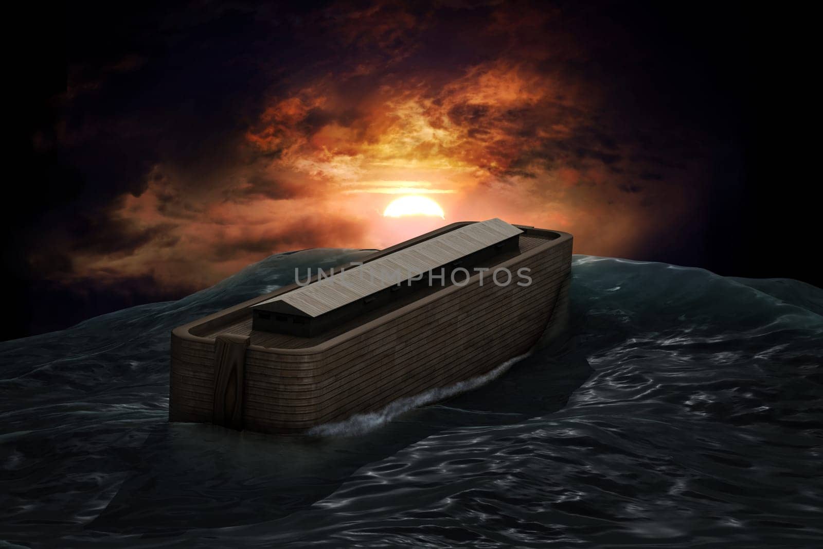 Noah's Ark riding on a swell after the Great Flood