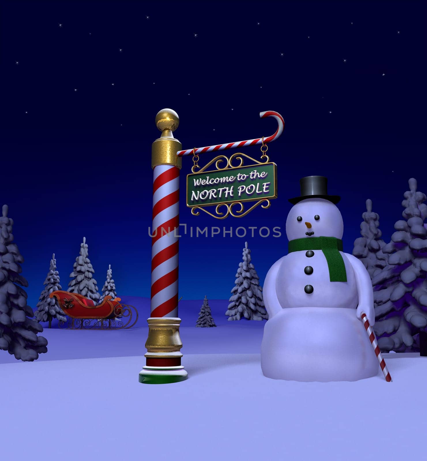 Night time snow scene at the north pole featuring the north pole sign post next to a snowman surrounded by evergreens and Santa's sleigh in the background