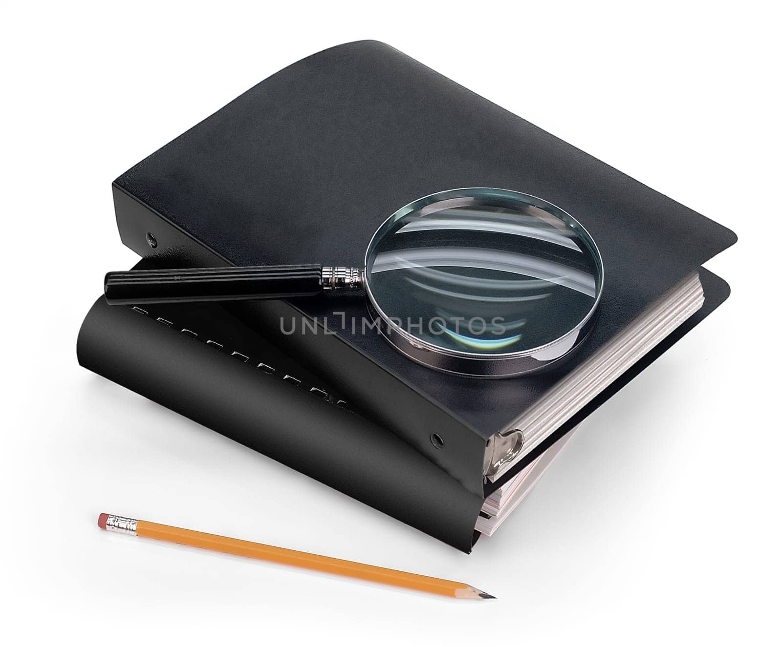 Government regulations, magnifier and a pencil on a white background