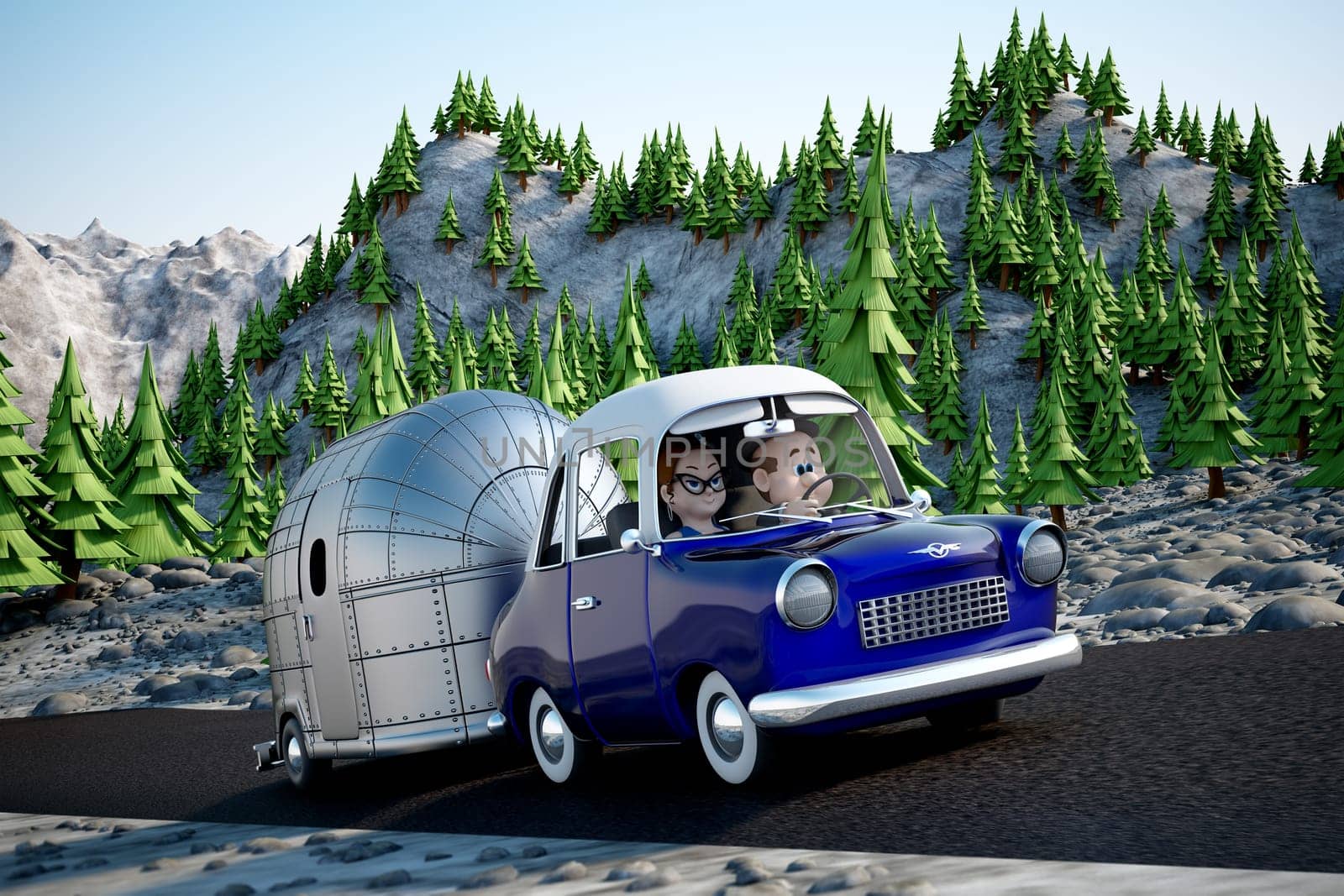 A cartoon Image of a couple driving in the deset towing a camper trailer
