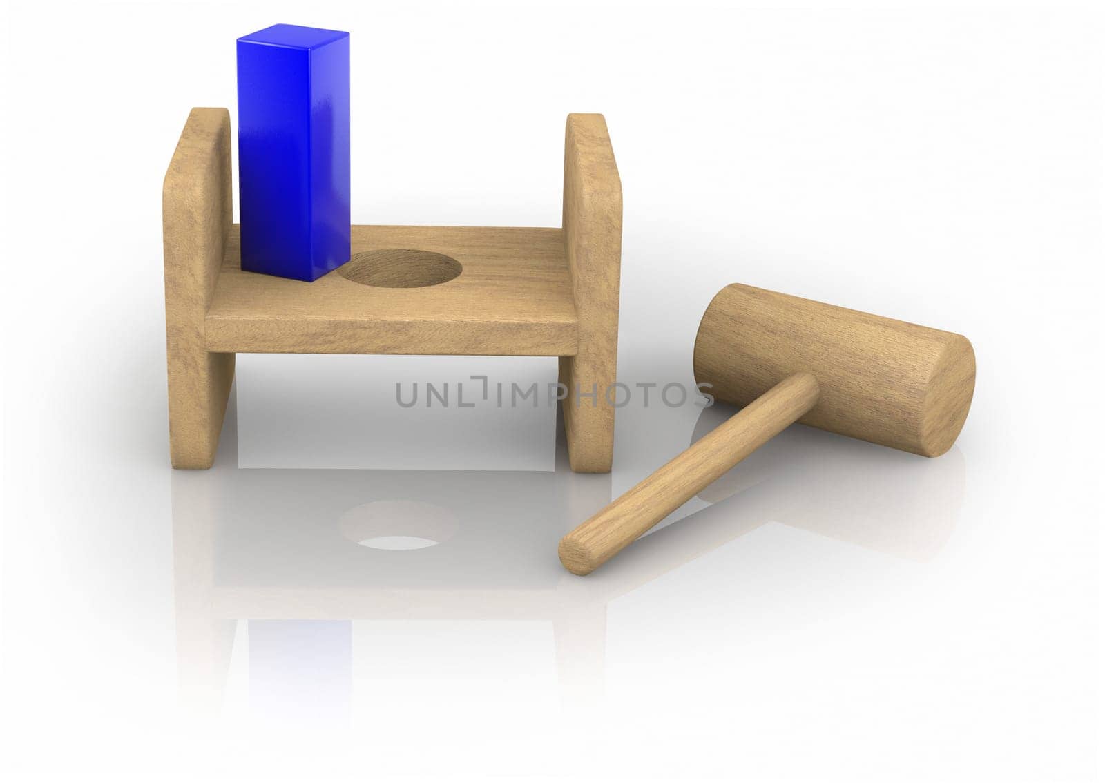 Child's toy showing a square peg and a round hole on a whie background