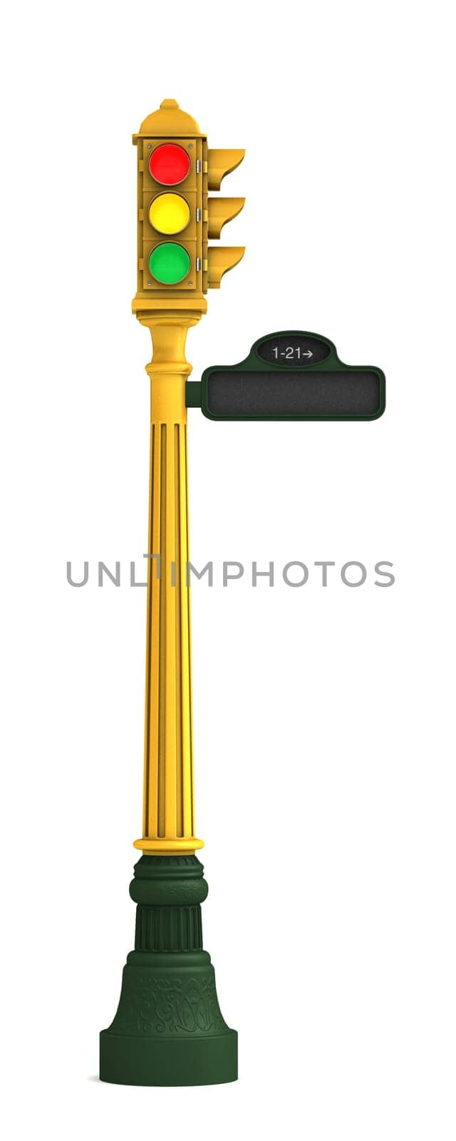Retro traffic light featuring green, amber and red lights on a white background with clipping path
