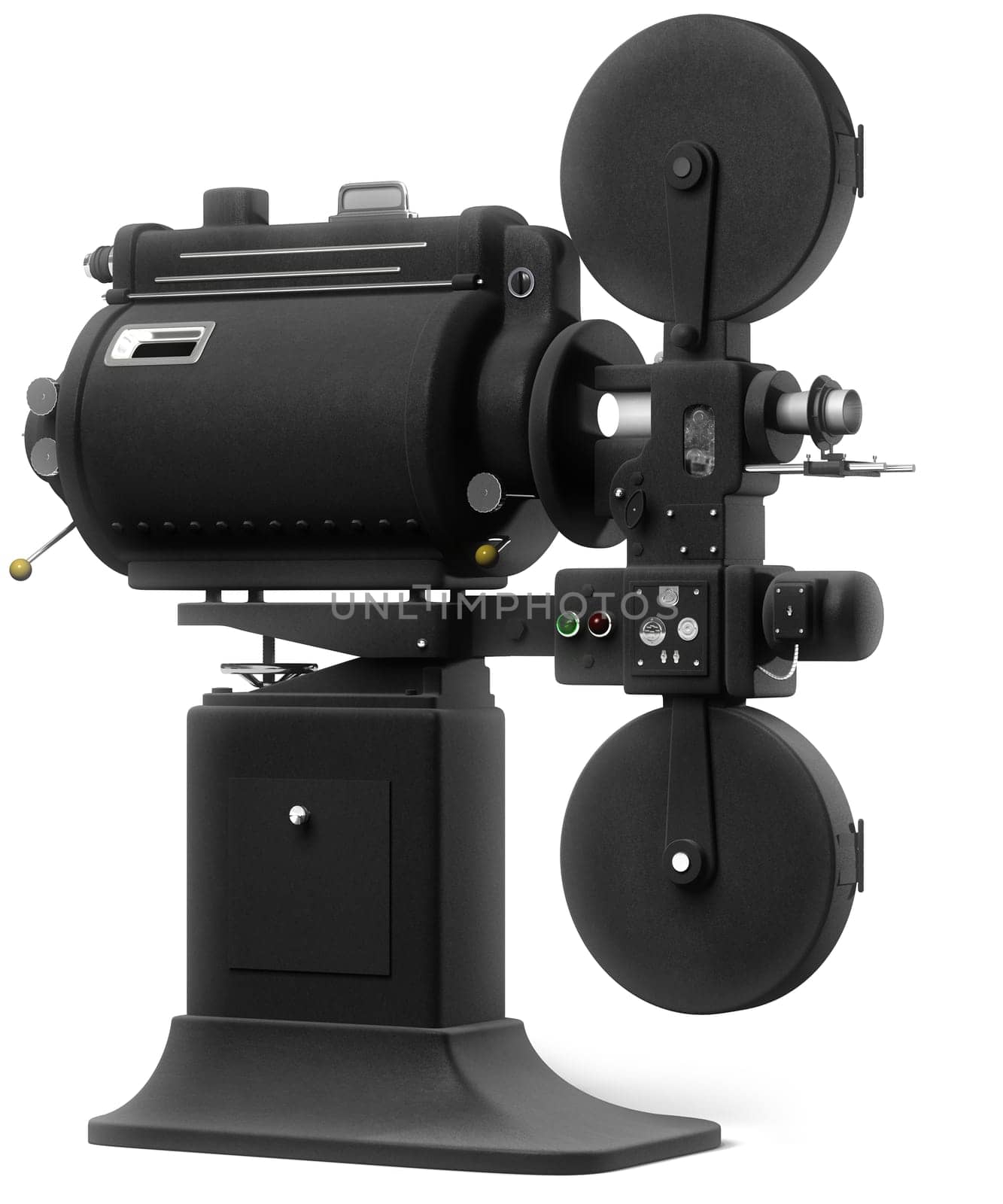 Vintage industrial movie projector on a white background