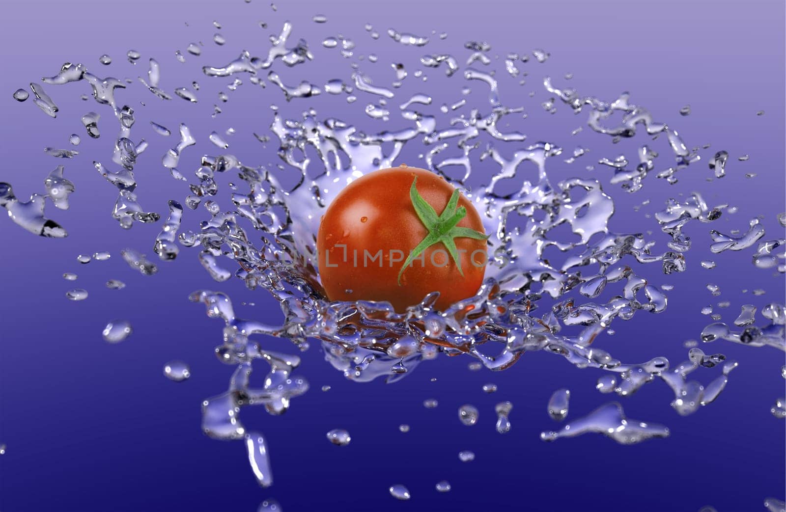 A ripe tomato suspended in the air with a splash of water behind it.