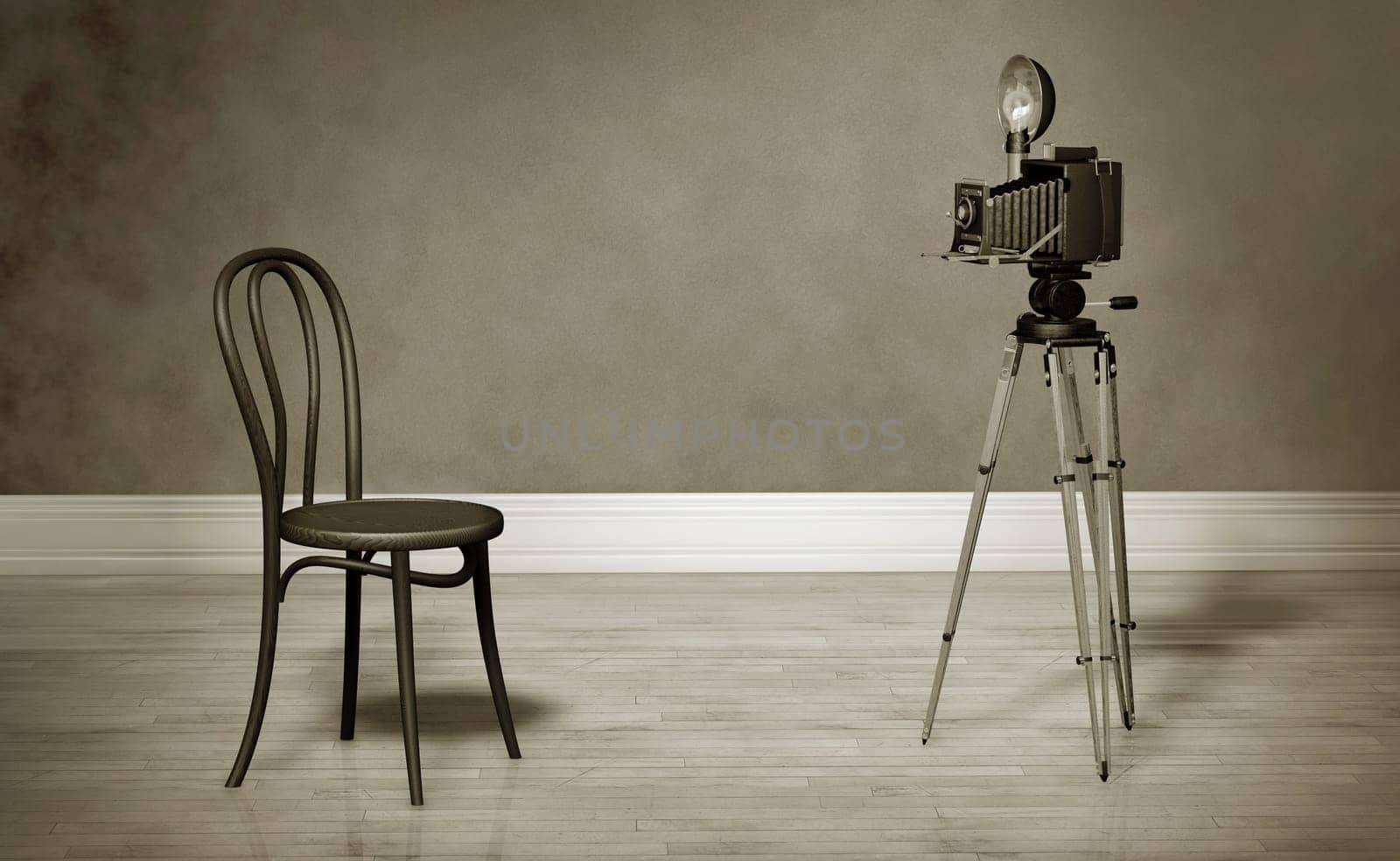 Sepia tone image of a retro camera on a tripod and bentwood chair in an empty room