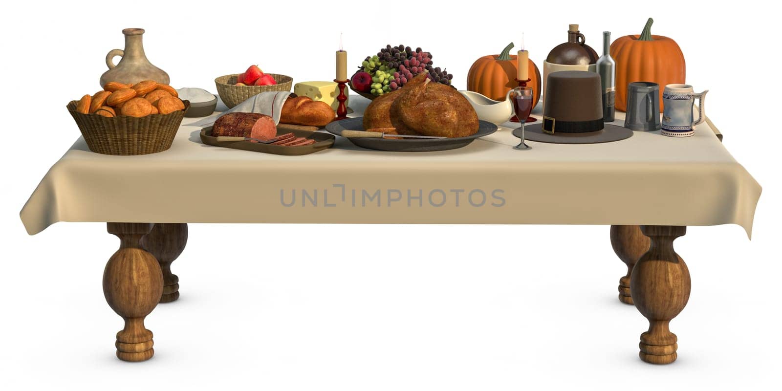 A full Thanksgiving dinner on a table isolated on white