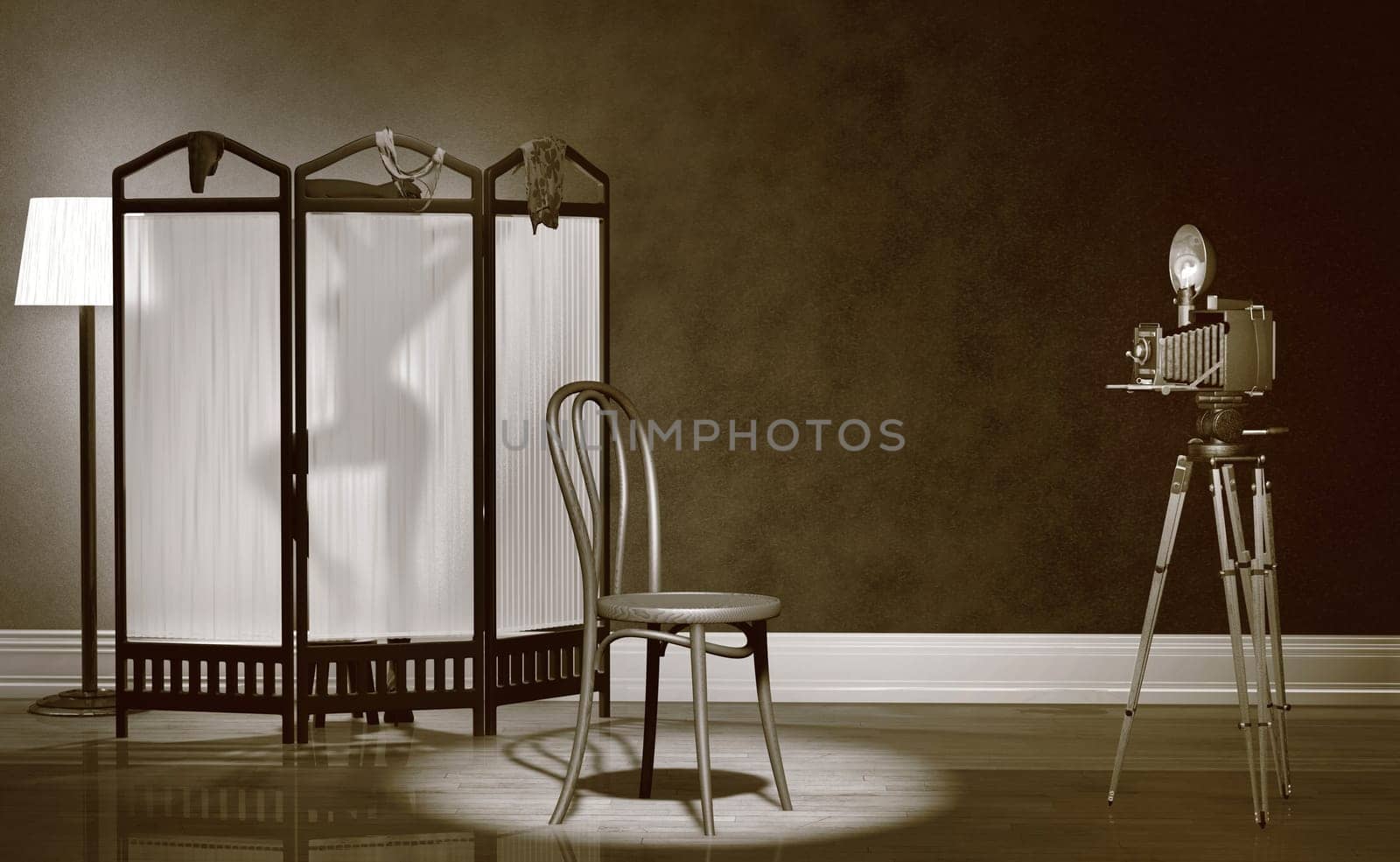 Sepia tone of a vintage photo studio with camera on a tripod, bentwood chair and a changing screen with a model's silhouette behind it