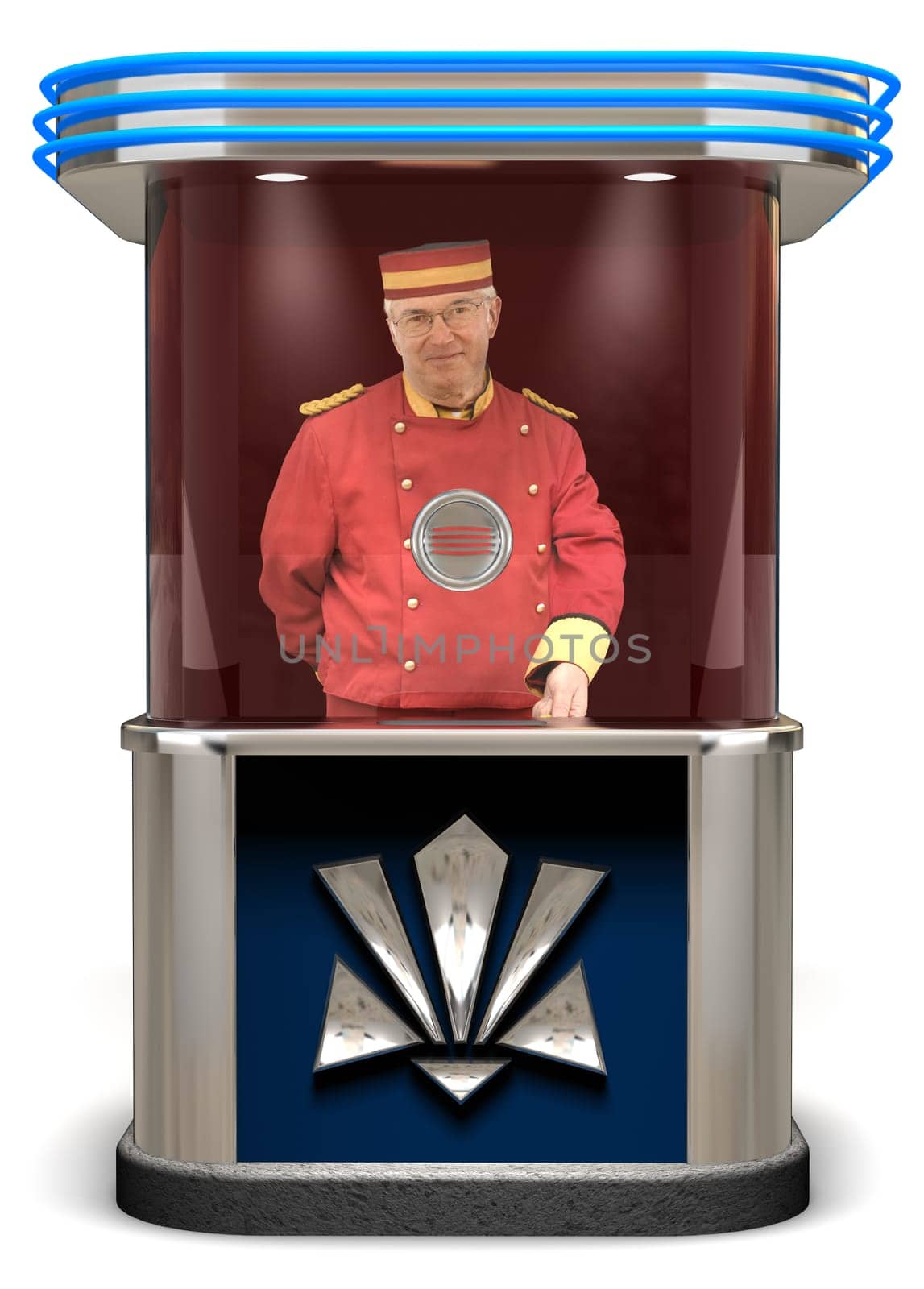 Picture of a ticket booth on white background with an elderly man behing the booth holding a ticket with a smile.