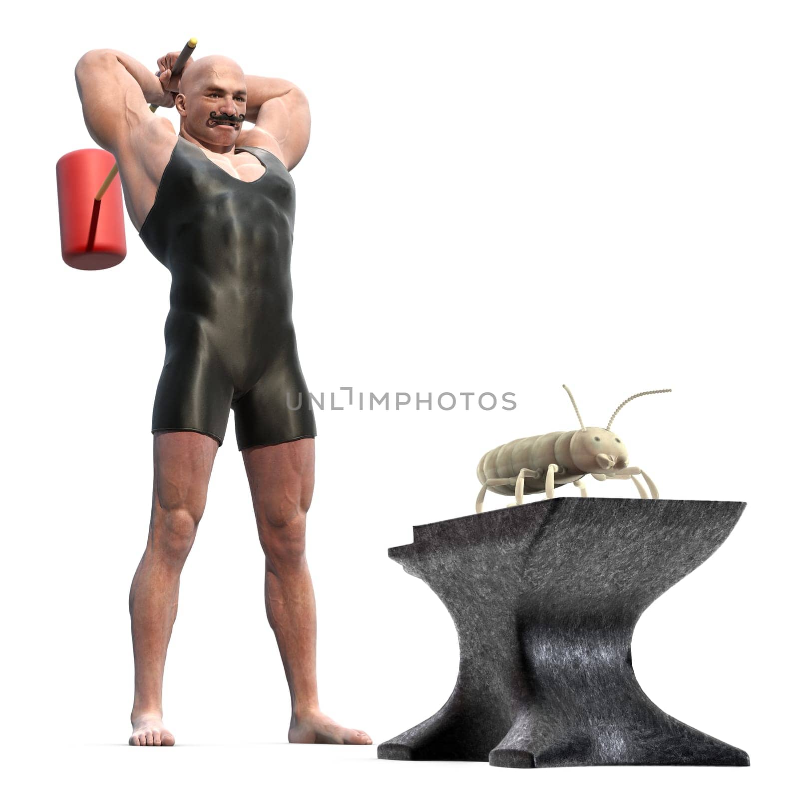 Muscle Man with a mallet behind his back about to smash a termite on an anvil