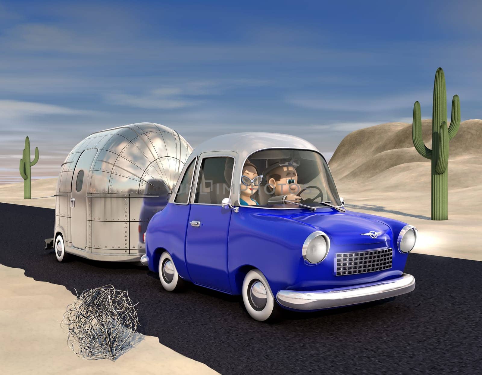 A cartoon Image of a couple driving in the desert towing a camper trailer