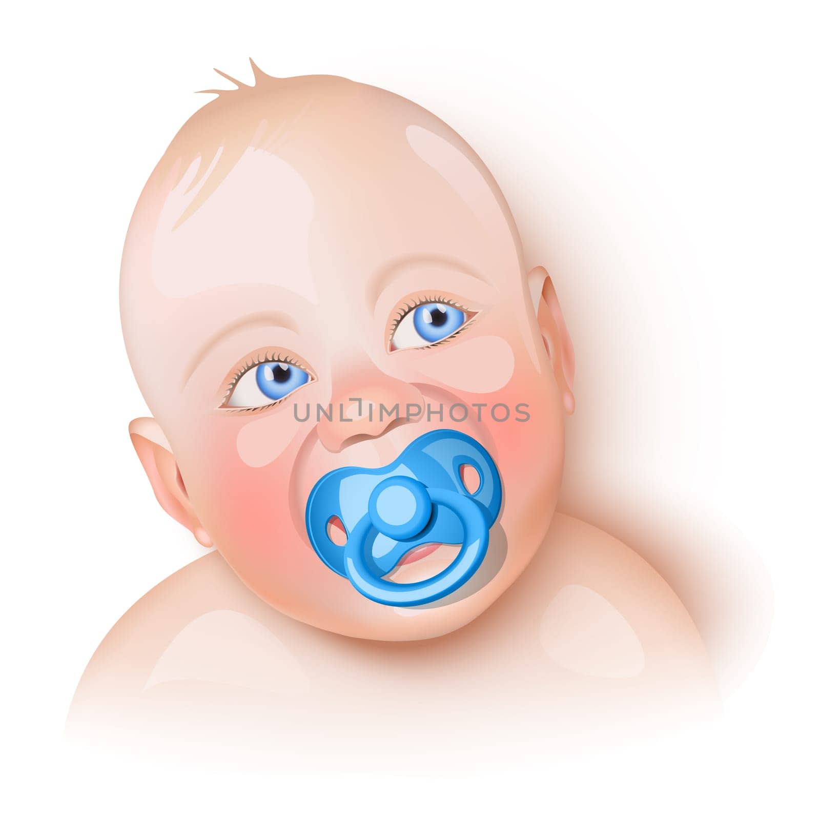 Cute baby with blue pacifier in mouth
